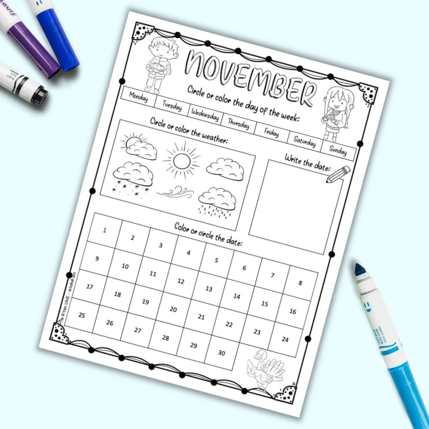 November Calendar Printable Kids