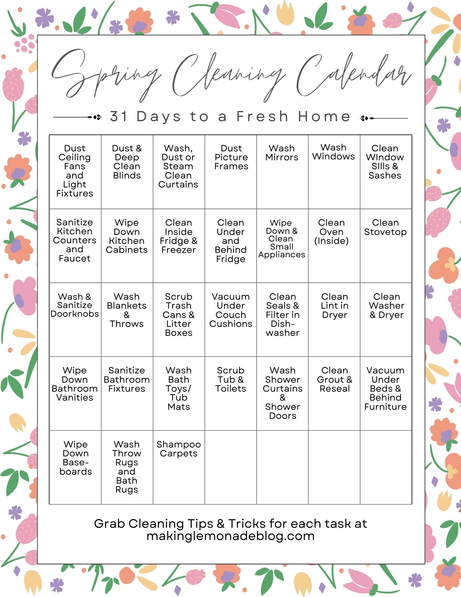 Printable Cleaning Calendar Printable Cleaning Calendar