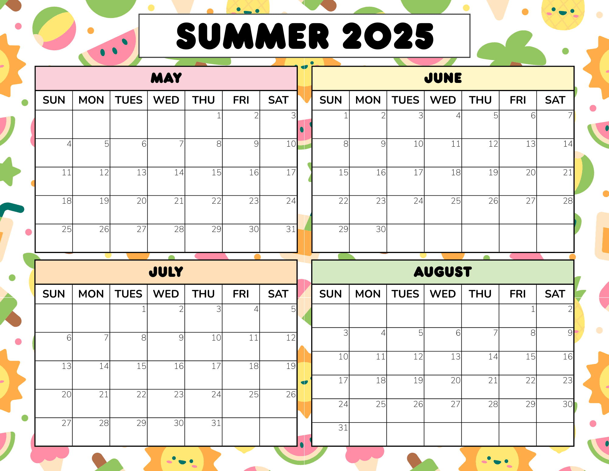 Free Summer Calendar Printable 2025 2026 PDF