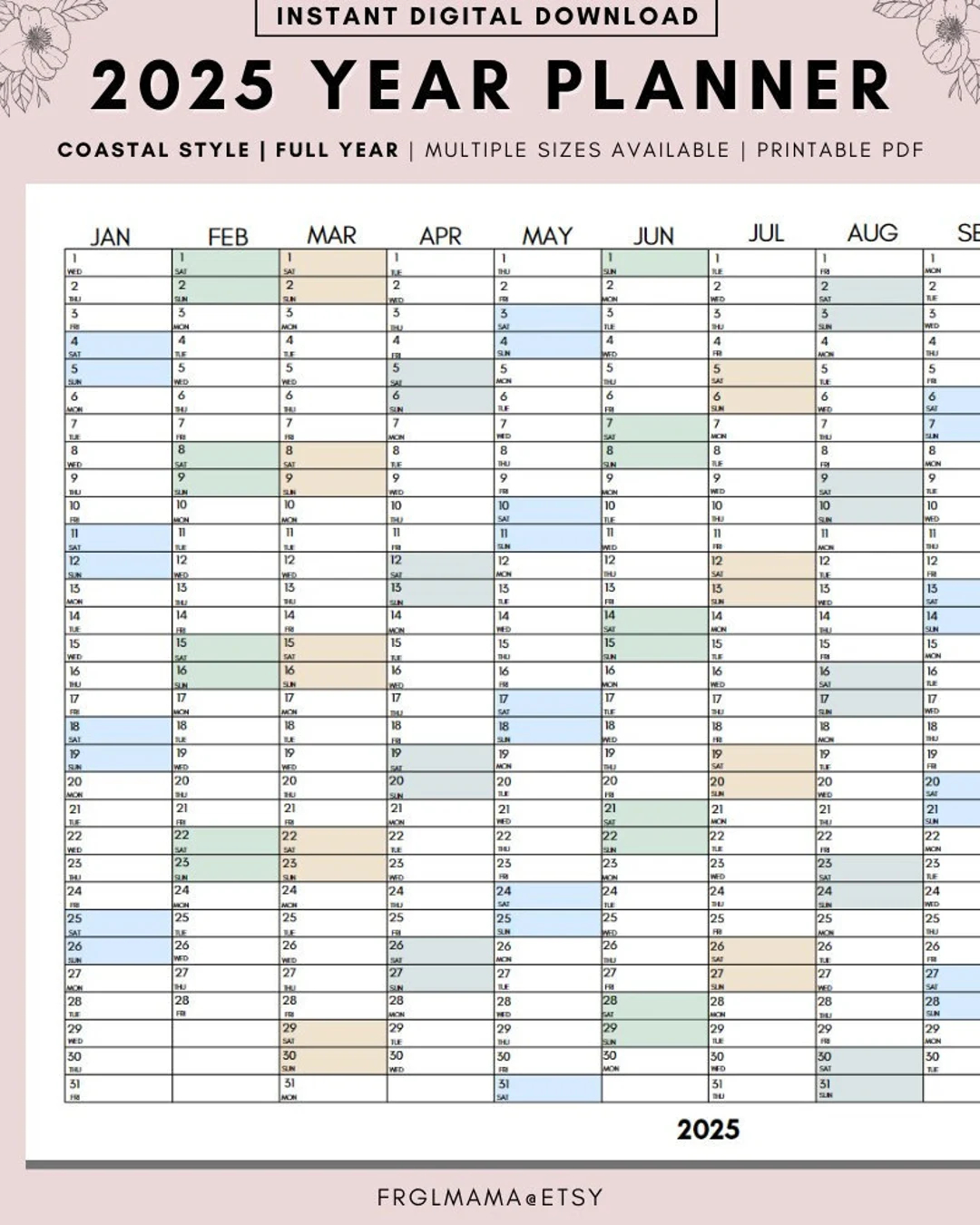 full year calendar 2025 2025 monthly planner 2025 rainbow yearly calendar calendar printable 2025 wall planner wall calendar 2025 etsy