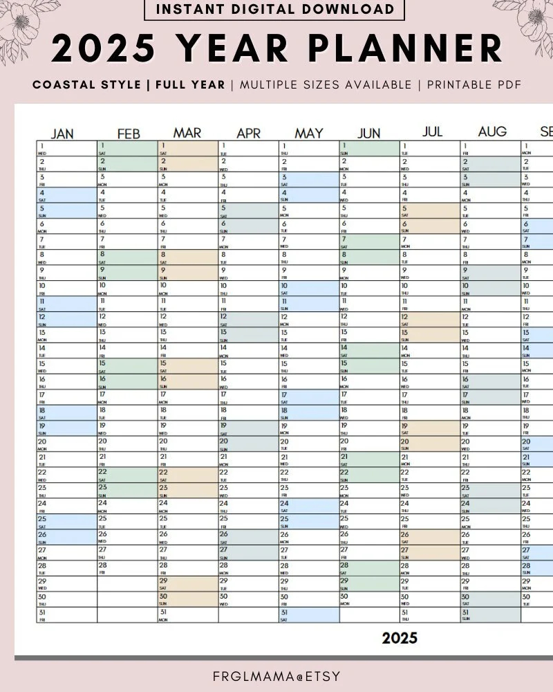 full year calendar 2025 2025 monthly planner 2025 rainbow yearly calendar calendar printable 2025 wall planner wall calendar 2025 etsy
