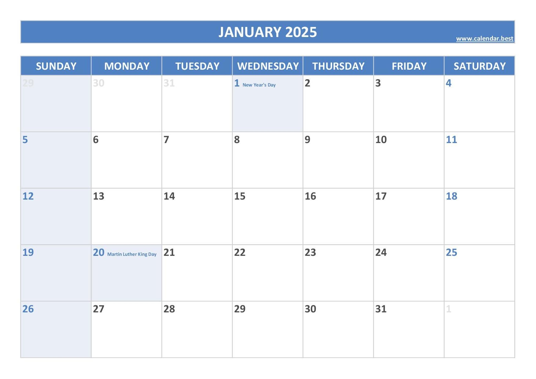 January 2025 Calendar Calendar best January 2025 Calendar Calendar best