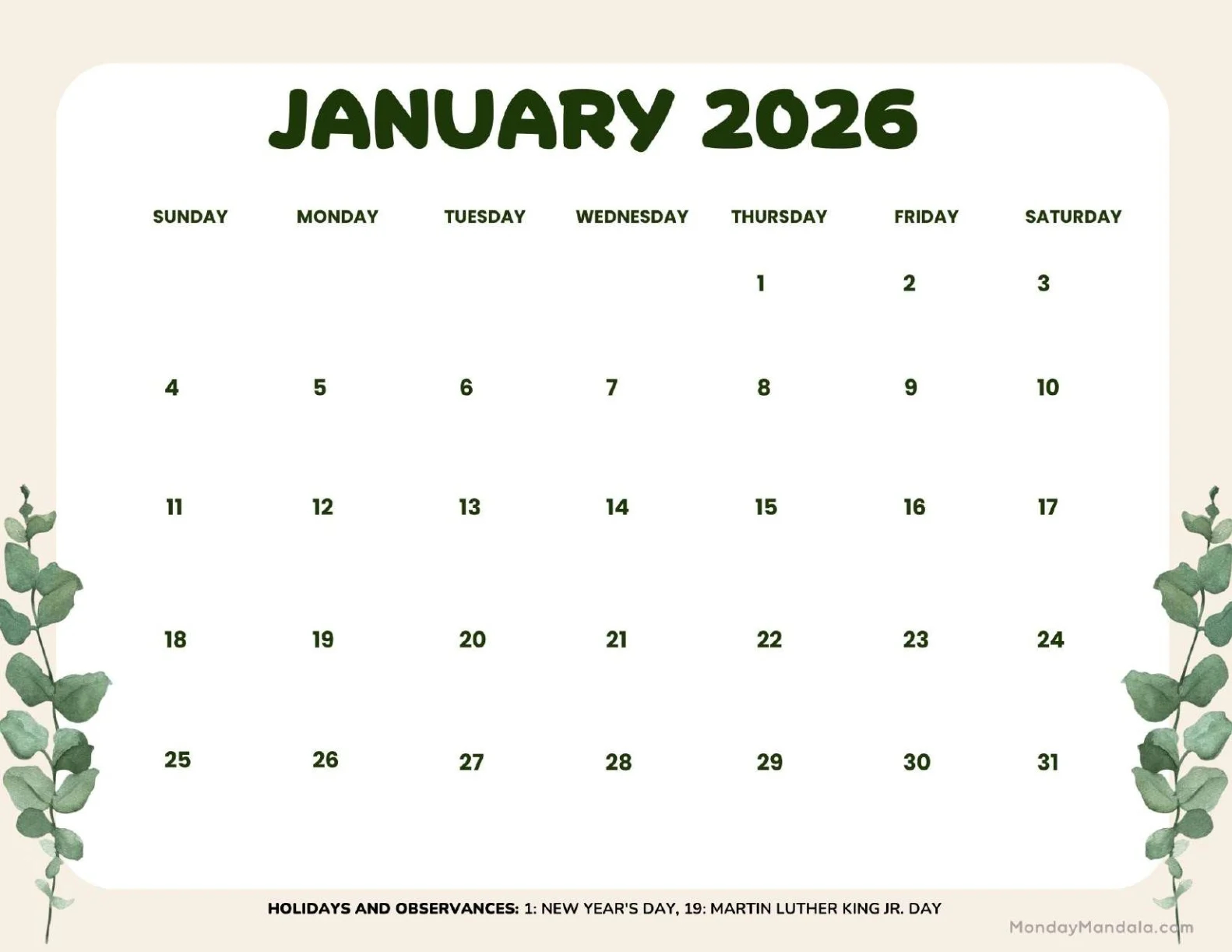 January 2026 Calendars Free PDF Printables 