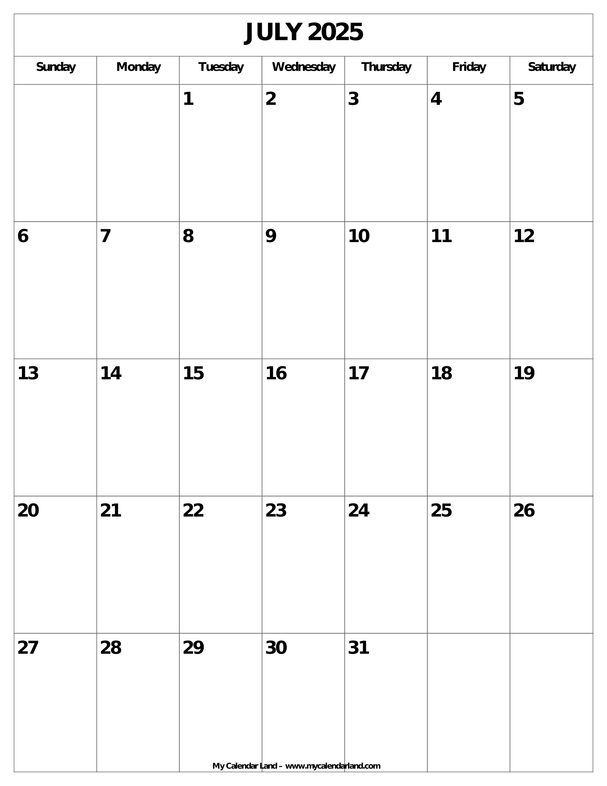 Printable Calendar July 2025 With Holidays