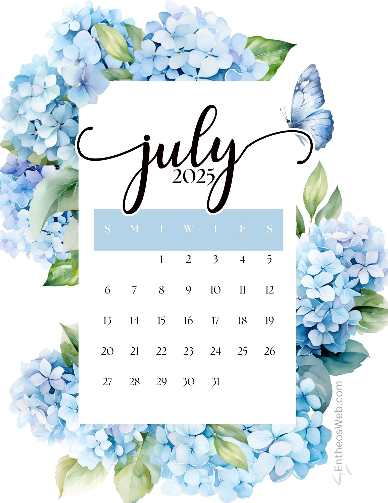 2025 Printable Yearly Calendar One Page Blue