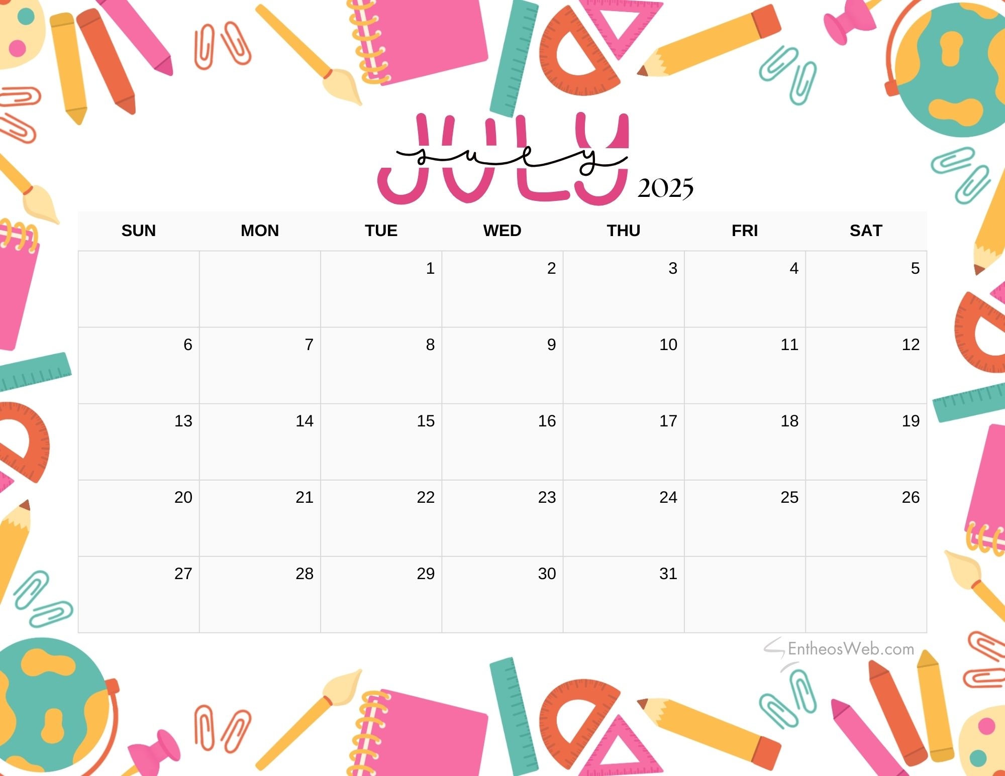 July 2025 Calendar Printables EntheosWeb