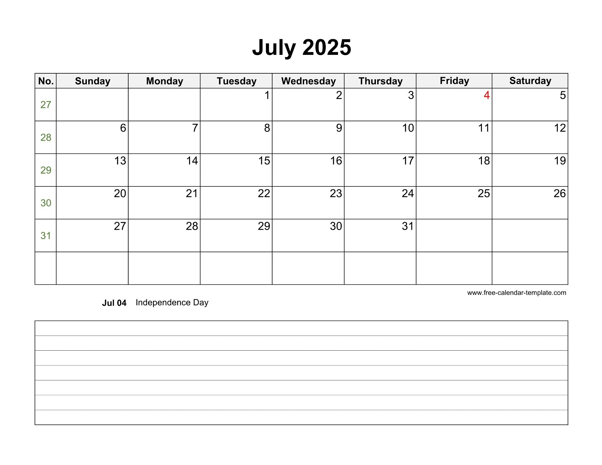 Free Printable July 2025 Calendar With Holidays