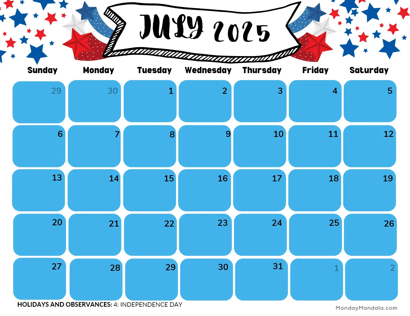 Calendar 2025 Calendar July 2025 Printable