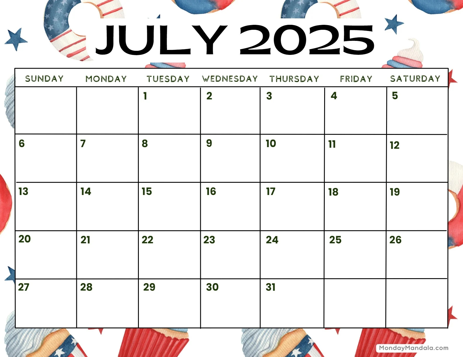 July Calendar Printable 2025