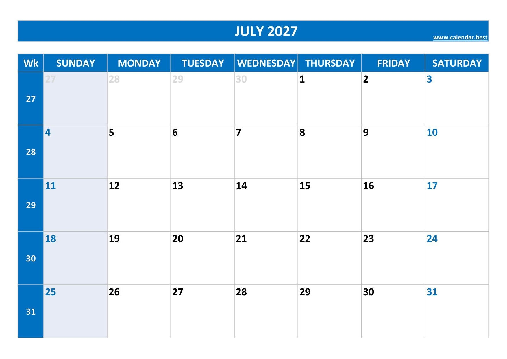 July 2027 Calendar Calendar best