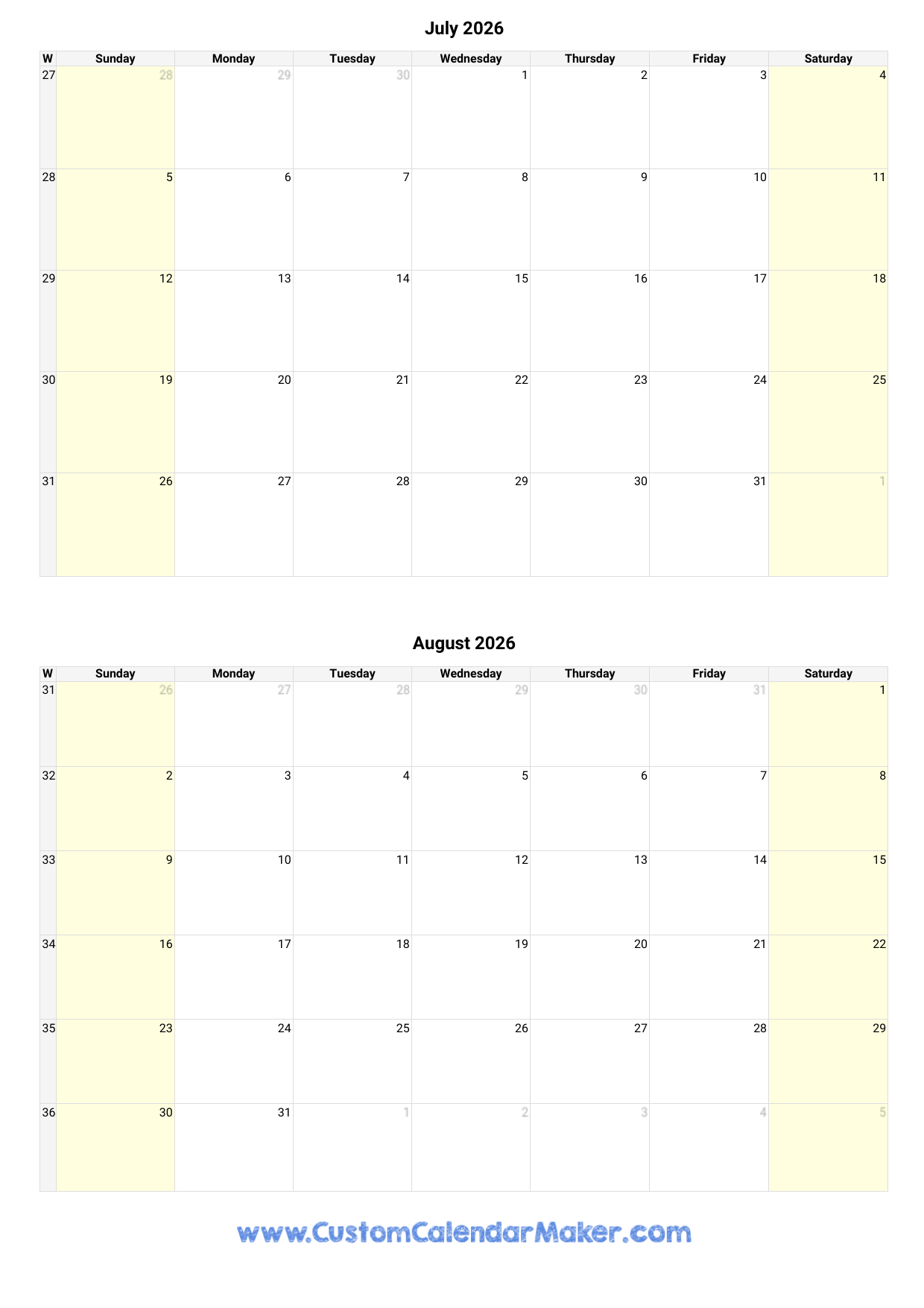 July And August 2026 Calendar Custom Calendar Maker