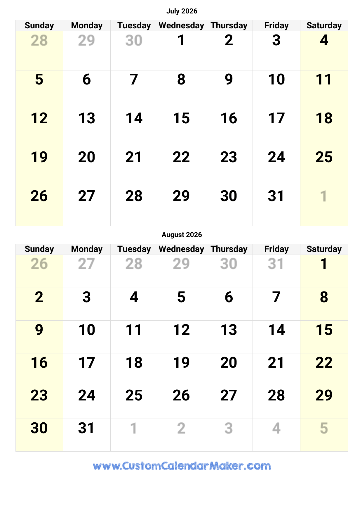 Printable 3 Month Calendar June July August 2026
