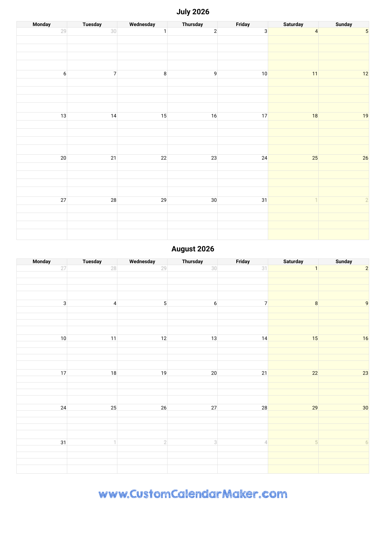 July And August 2026 Calendar Custom Calendar Maker July And August 2026 Calendar Custom Calendar Maker