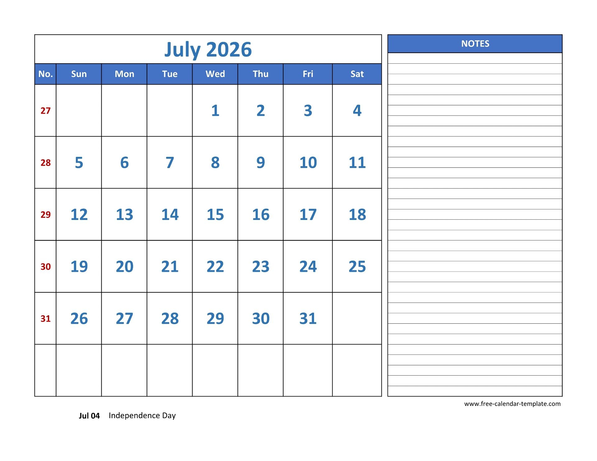 Printable Calendar Pages July 2026