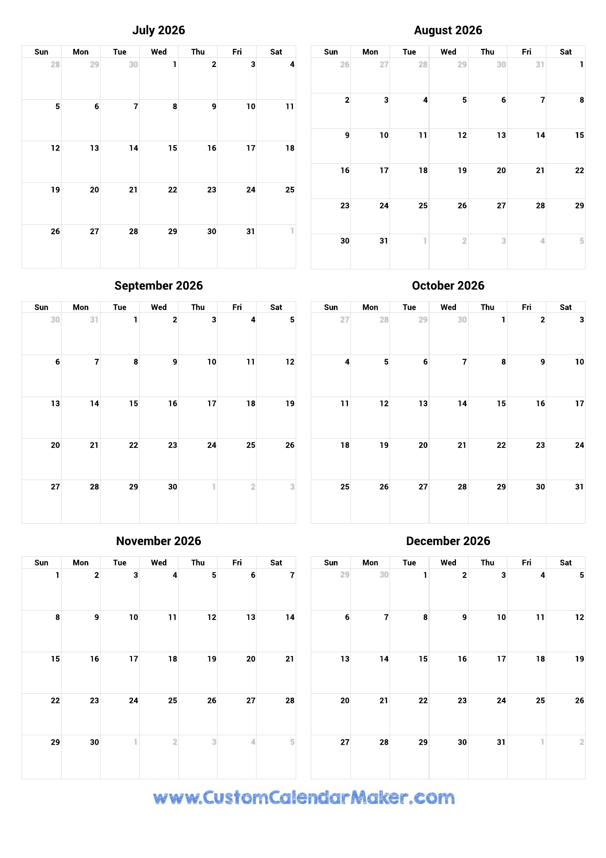 Month Of July 2026 Printable Calendar