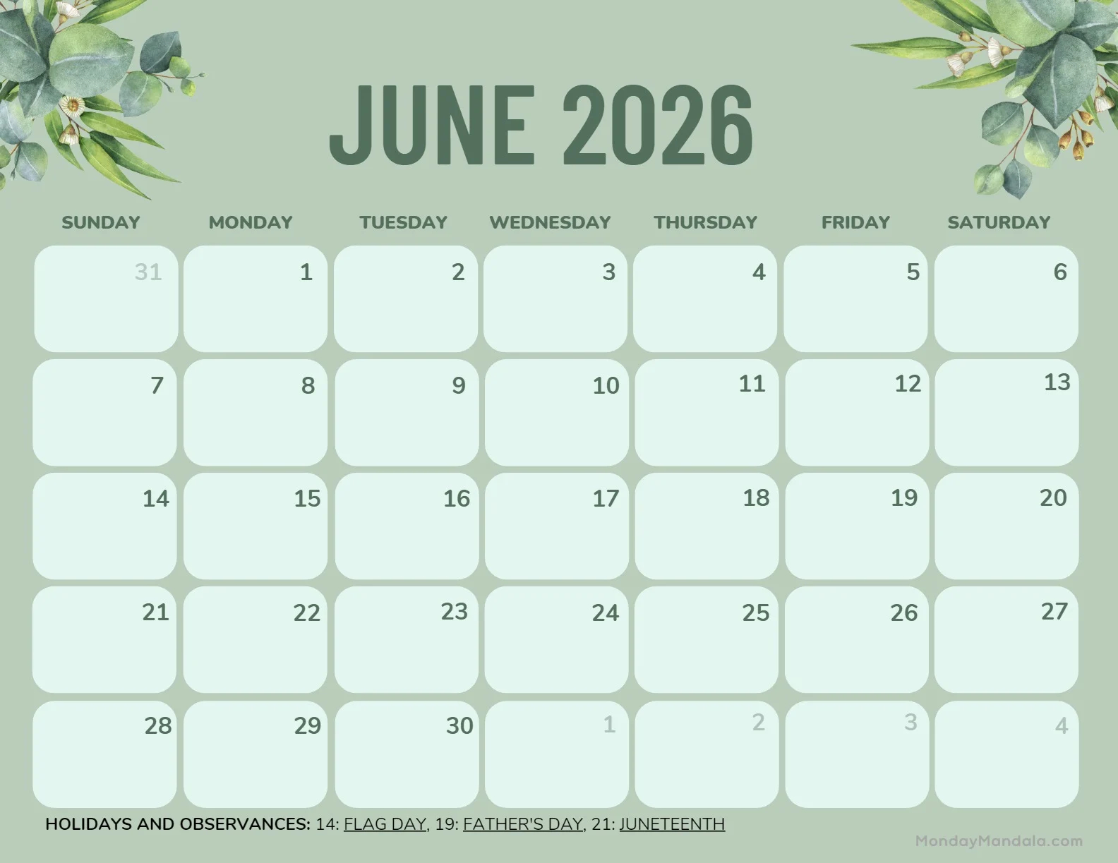 Printable Calendar June 2026 Landscape