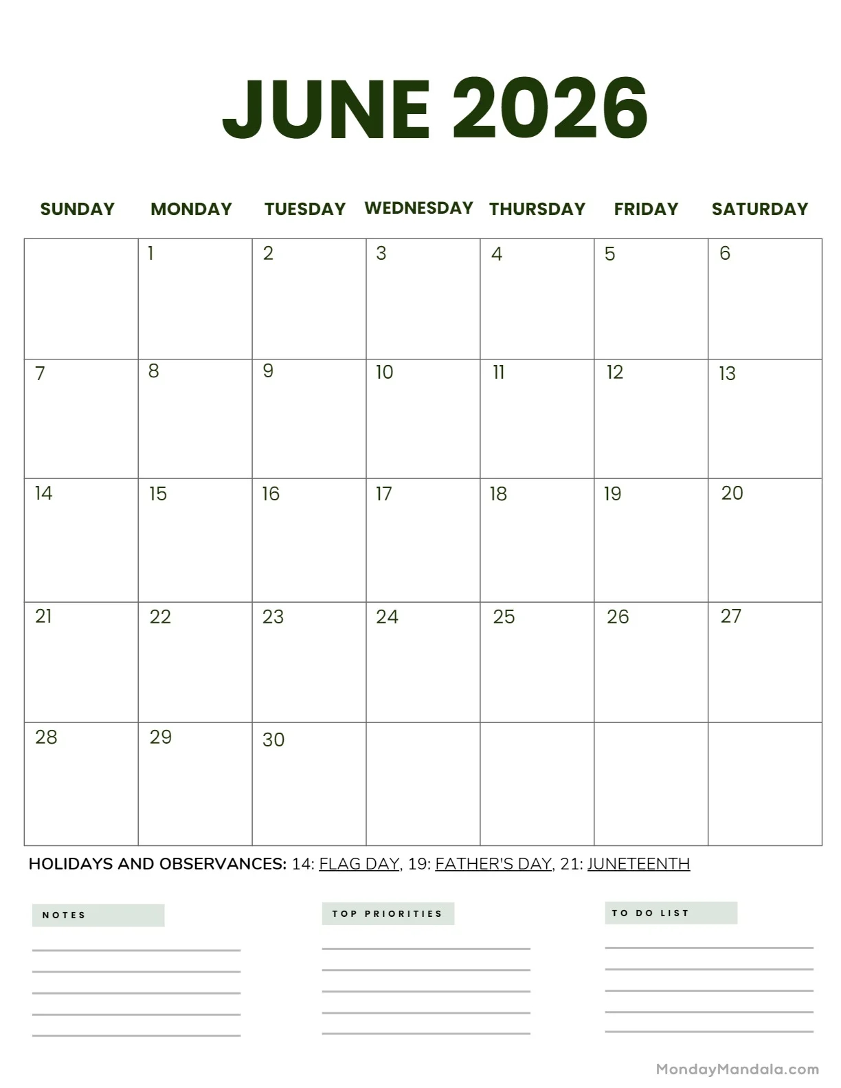 Free Printable Calendar June 2026