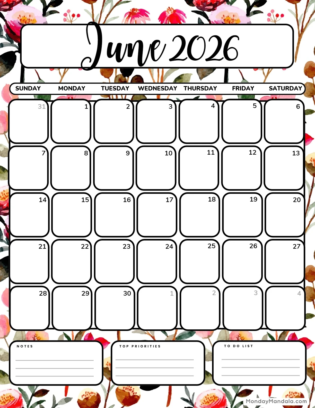 Month Of June 2026 Printable Calendar