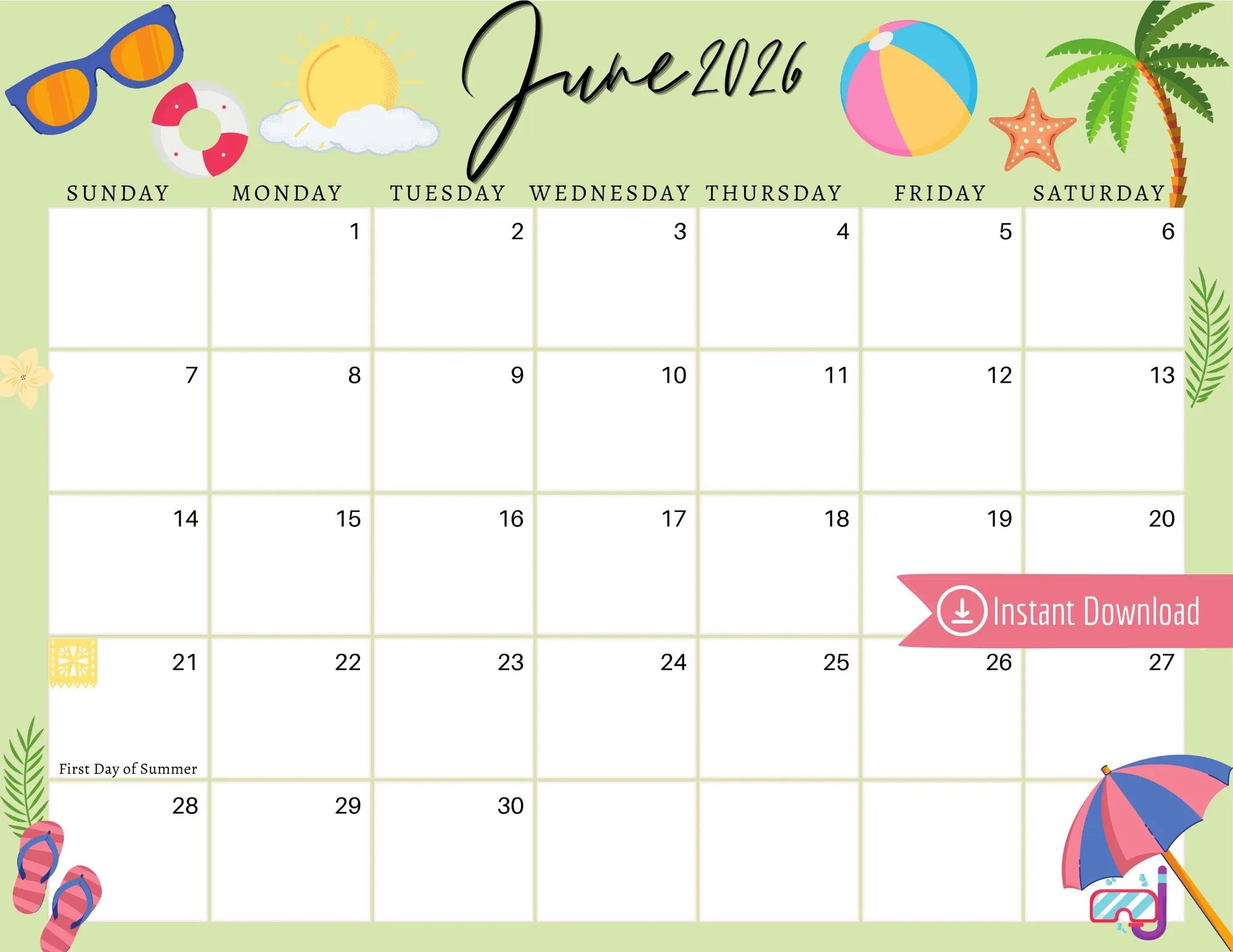 June 2026 Digital Calendar Light Green Summer Planner Editable Fillable Printable Calendar For Planning PDF PNG And JPG Download Etsy