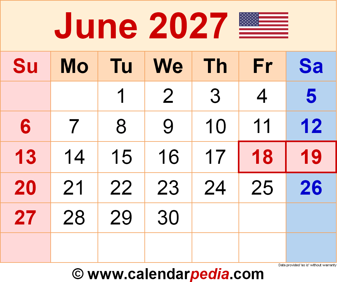 June 2027 Calendar Templates For PDF Excel And Word