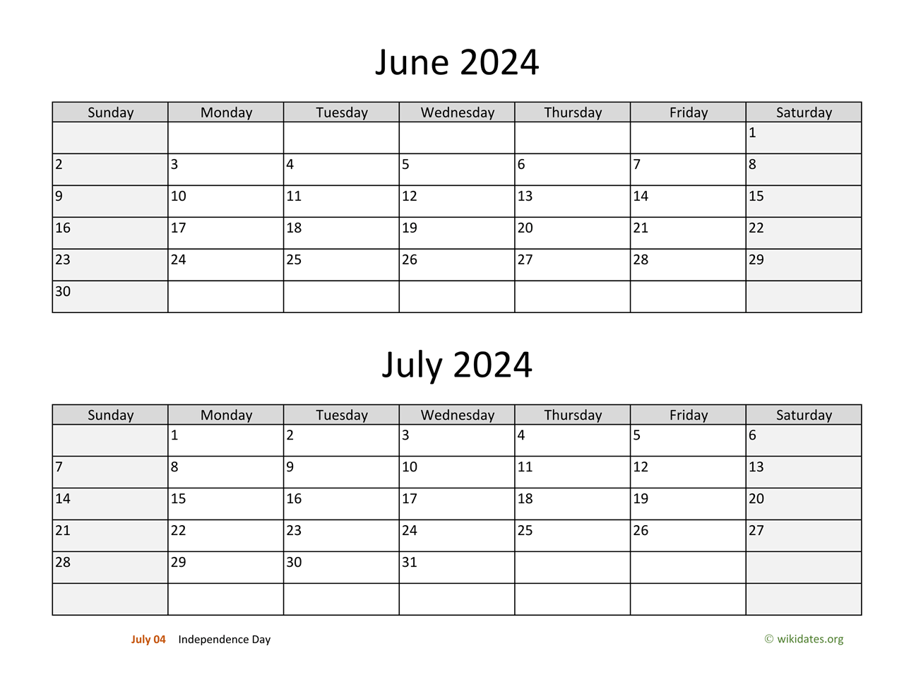 June And July 2024 Calendar WikiDates