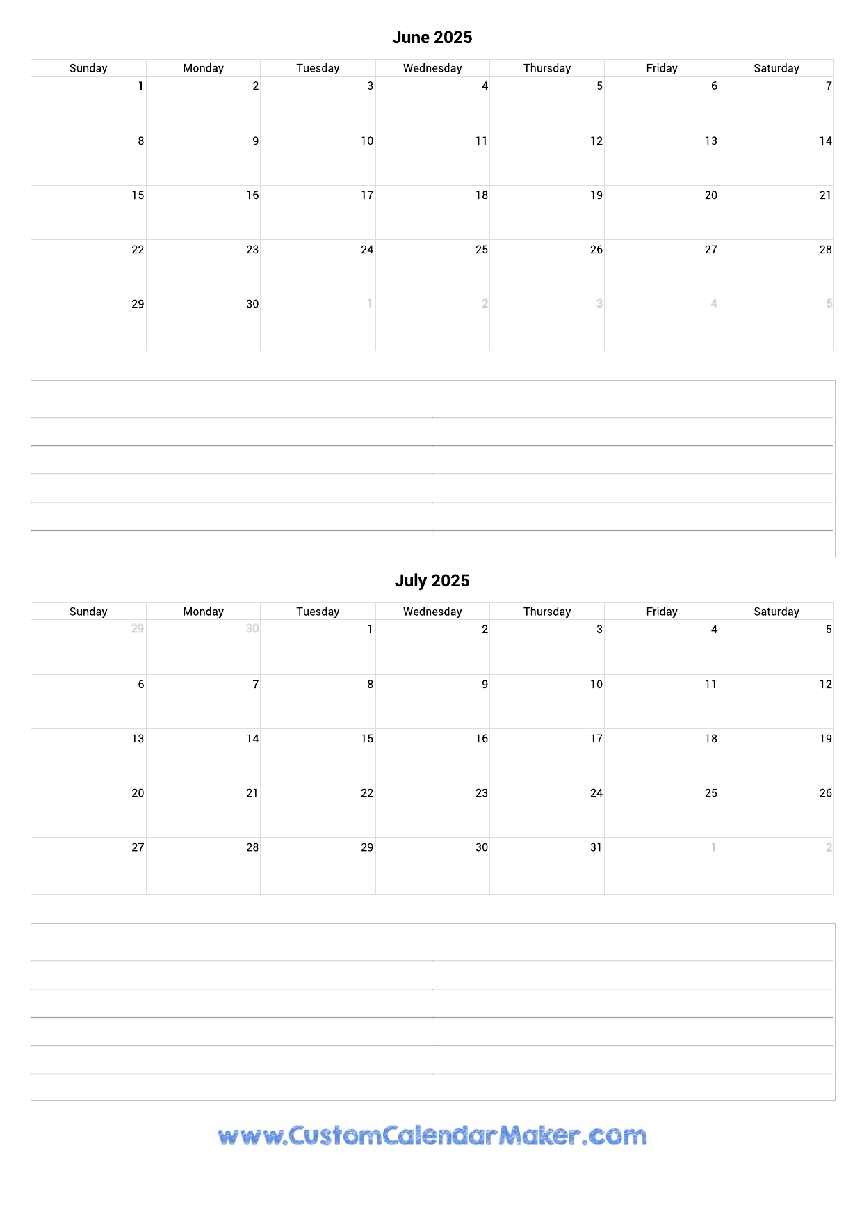 July 2025 Calendar Printable June 2026 Calendar Printable