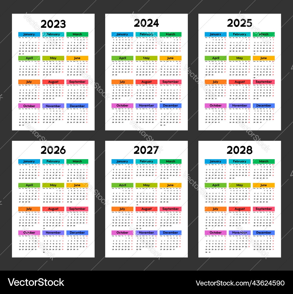 Kalender 2023 2024 2025 2026 2027 2028 Woche Vektorbild