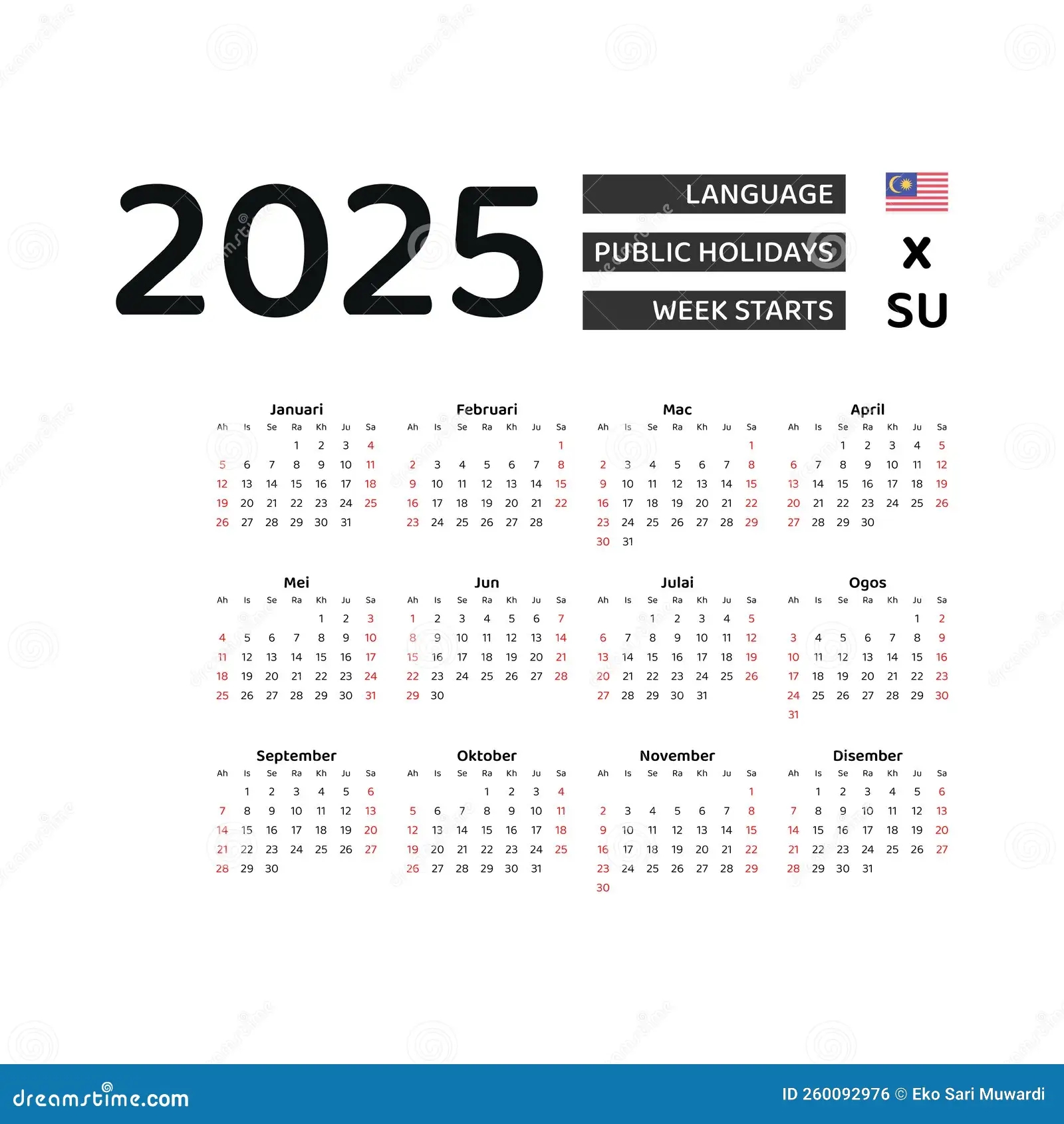 Malaysia Calendar 2025 Week Starts From Sunday Vector Graphic Design Stock Vector Illustration Of Office Simple 260092976