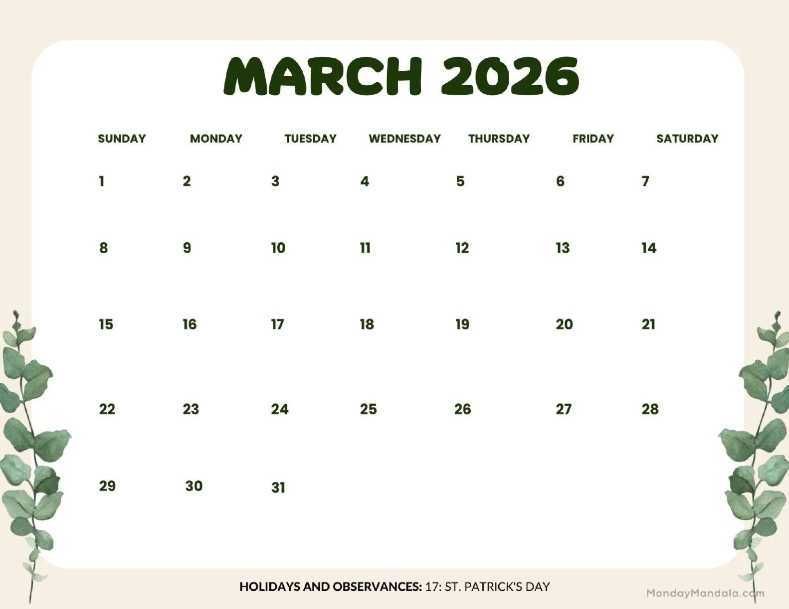 March 2026 Calendars Free PDF Printables 