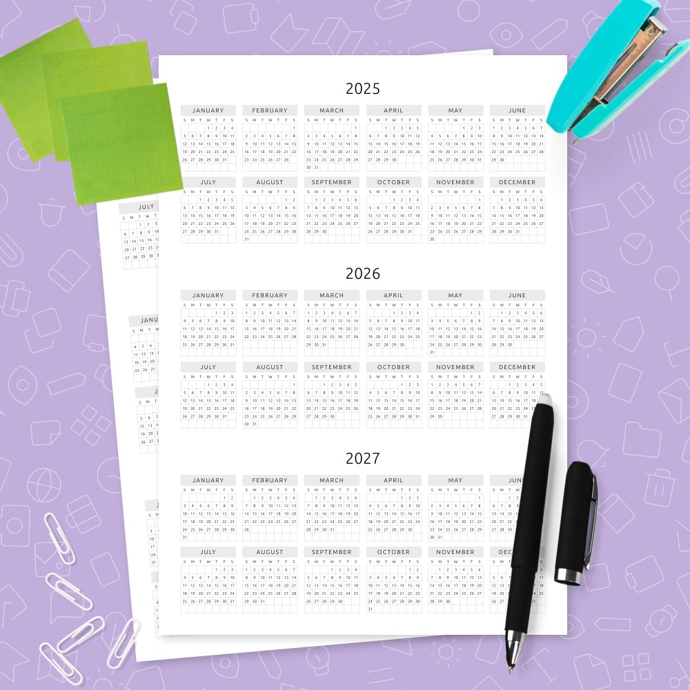 Minimalist Three Year Calendar Template Template Printable PDF
