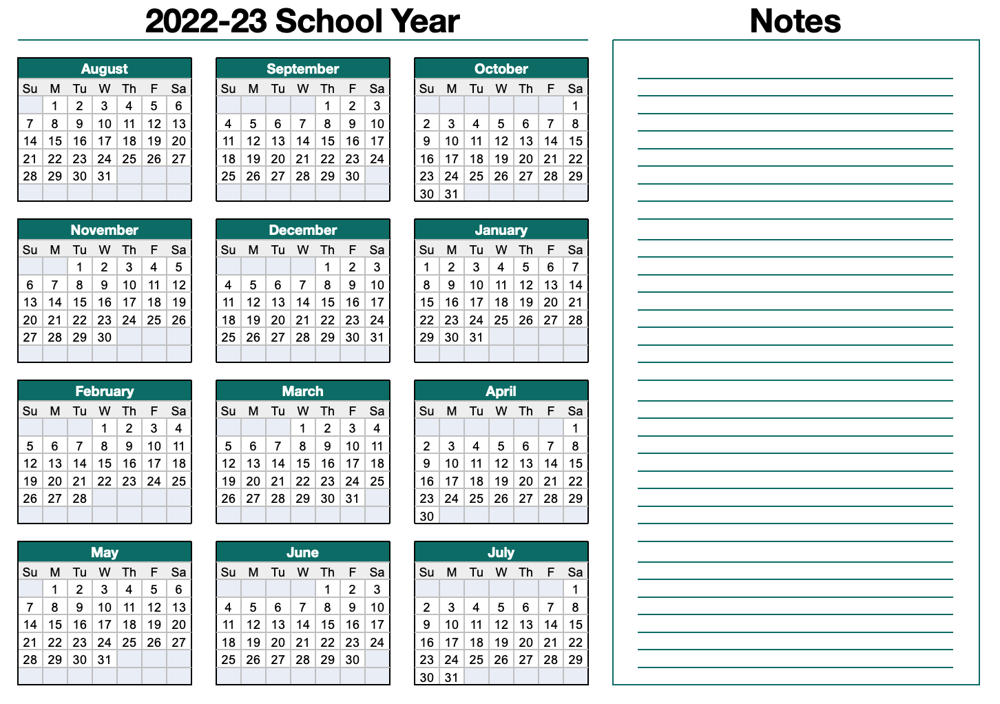 Modern Teal 2022 2023 Horizontal School Yearly Calendar Template With Notes Free IWork Templates