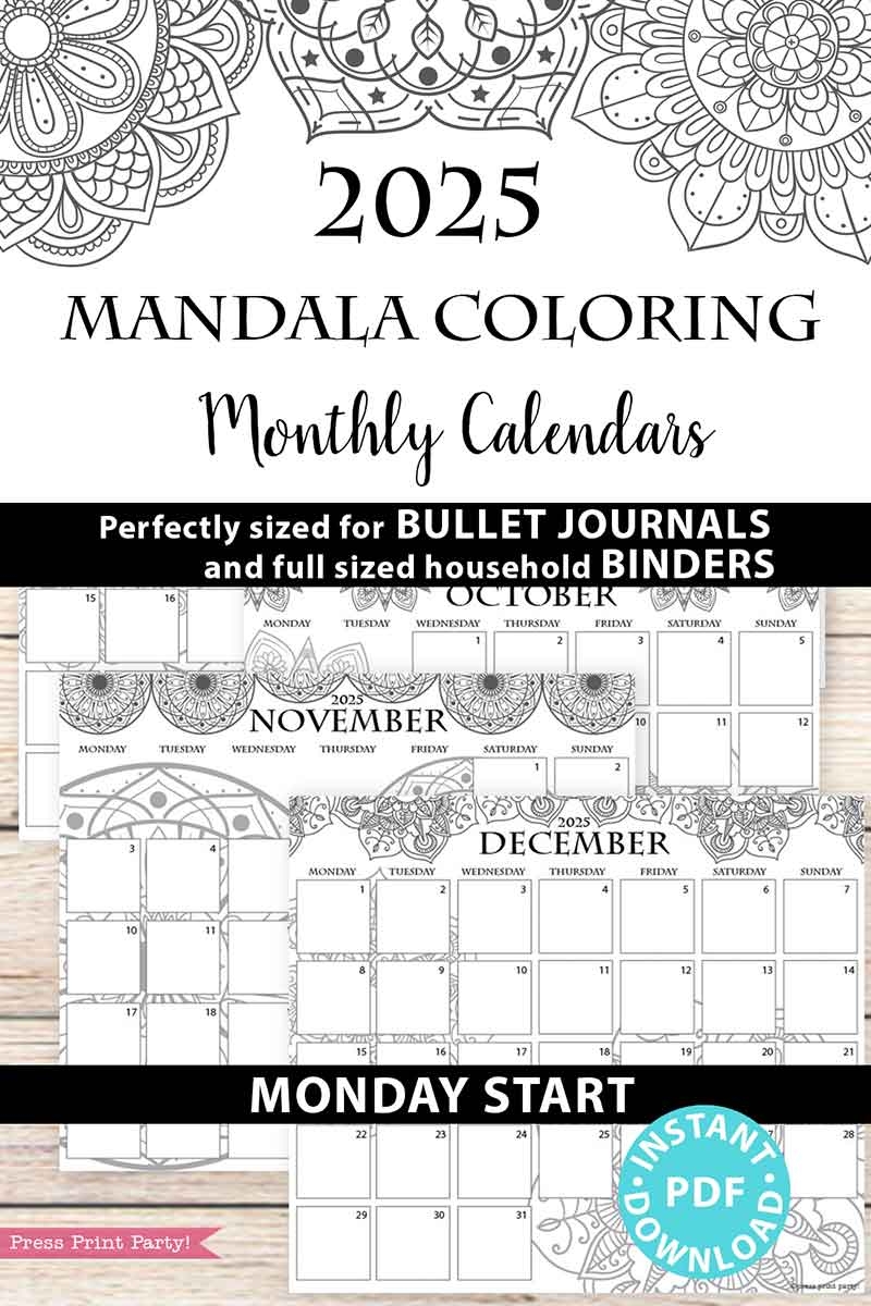Monday Start 2025 Monthly Calendars For Bullet Journals Or Binders Mandala Printable Monday Start 2025 Monthly Calendars For Bullet Journals Or Binders Mandala Printable