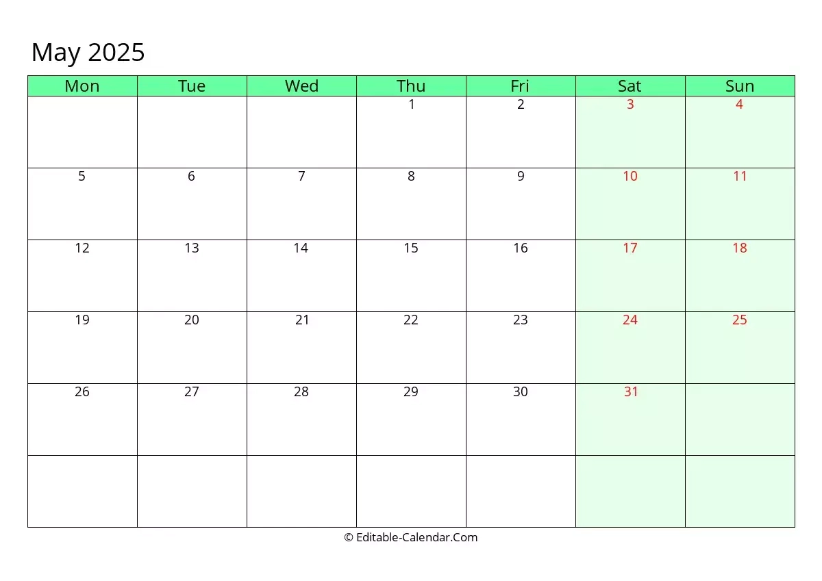 Monday Start Editable Calendar May 2025 In Excel Word PDF