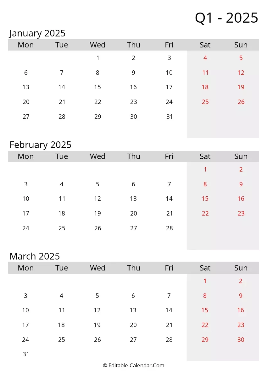 Monday Start Quarter 1 2025 Editable Calendar In Excel Word PDF