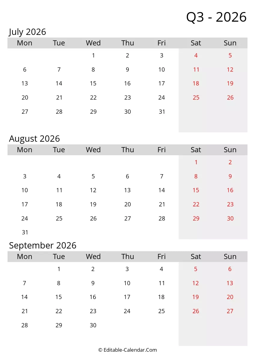 Monday Start Quarter 3 2026 Editable Calendar In Excel Word PDF