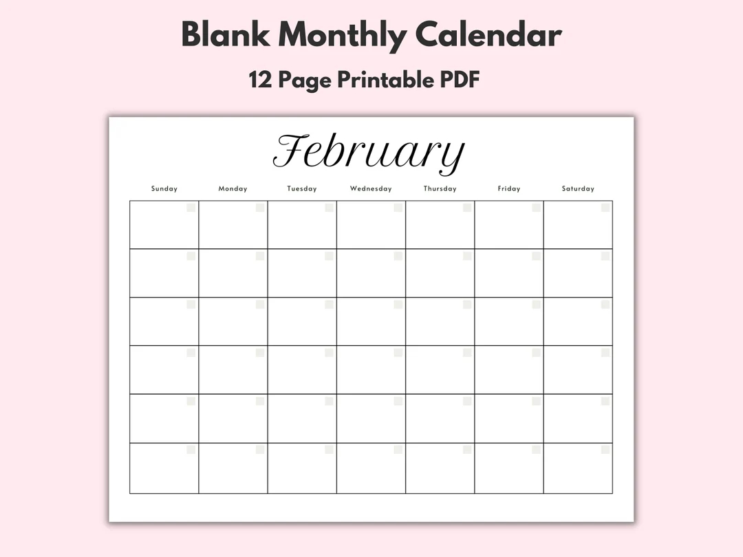 monthly blank calendar printable calendar template horizontal printable calendar pages pdf printable instant download simple calendar etsy