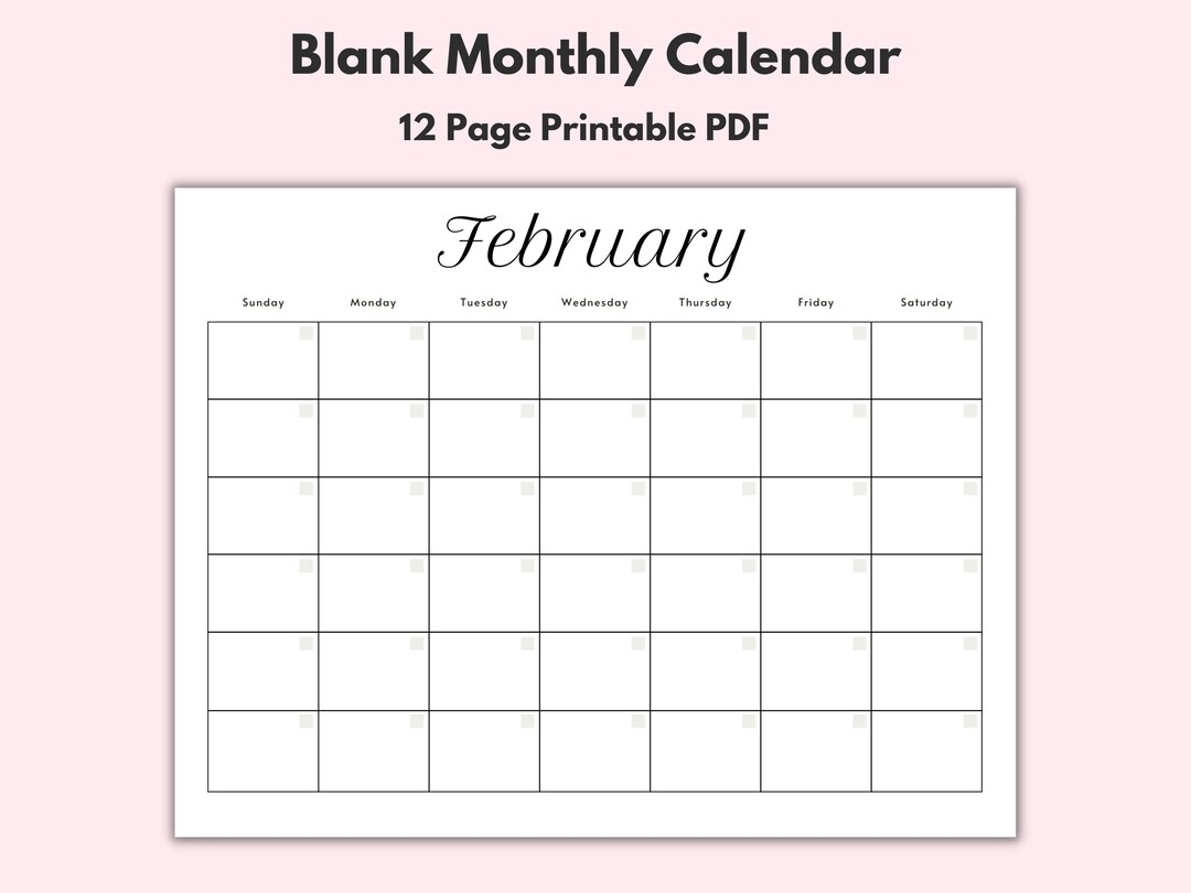 monthly blank calendar printable calendar template horizontal printable calendar pages pdf printable instant download simple calendar etsy