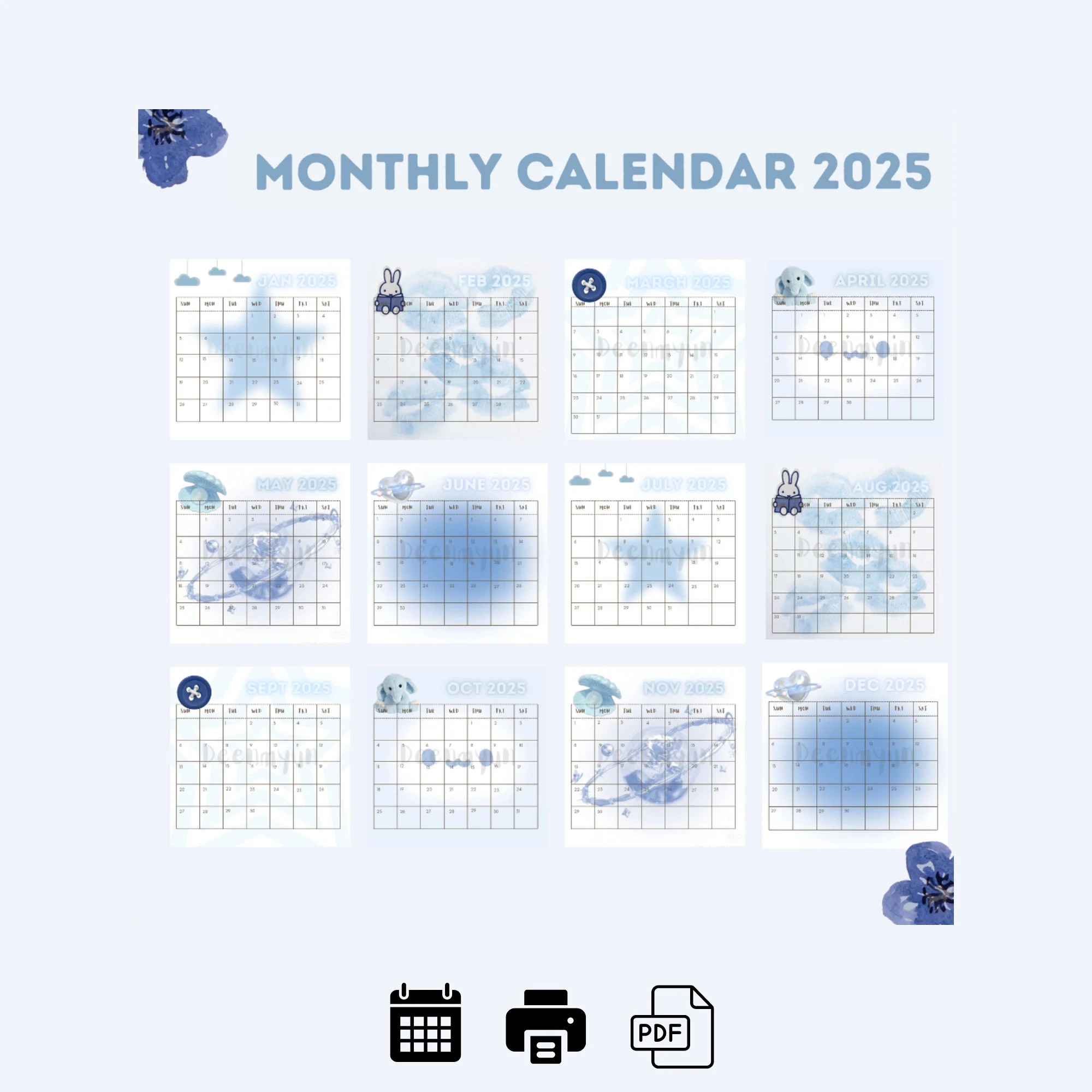 Monthly Calendar 2025 Baby Blue Printable PDF Digital Download Etsy