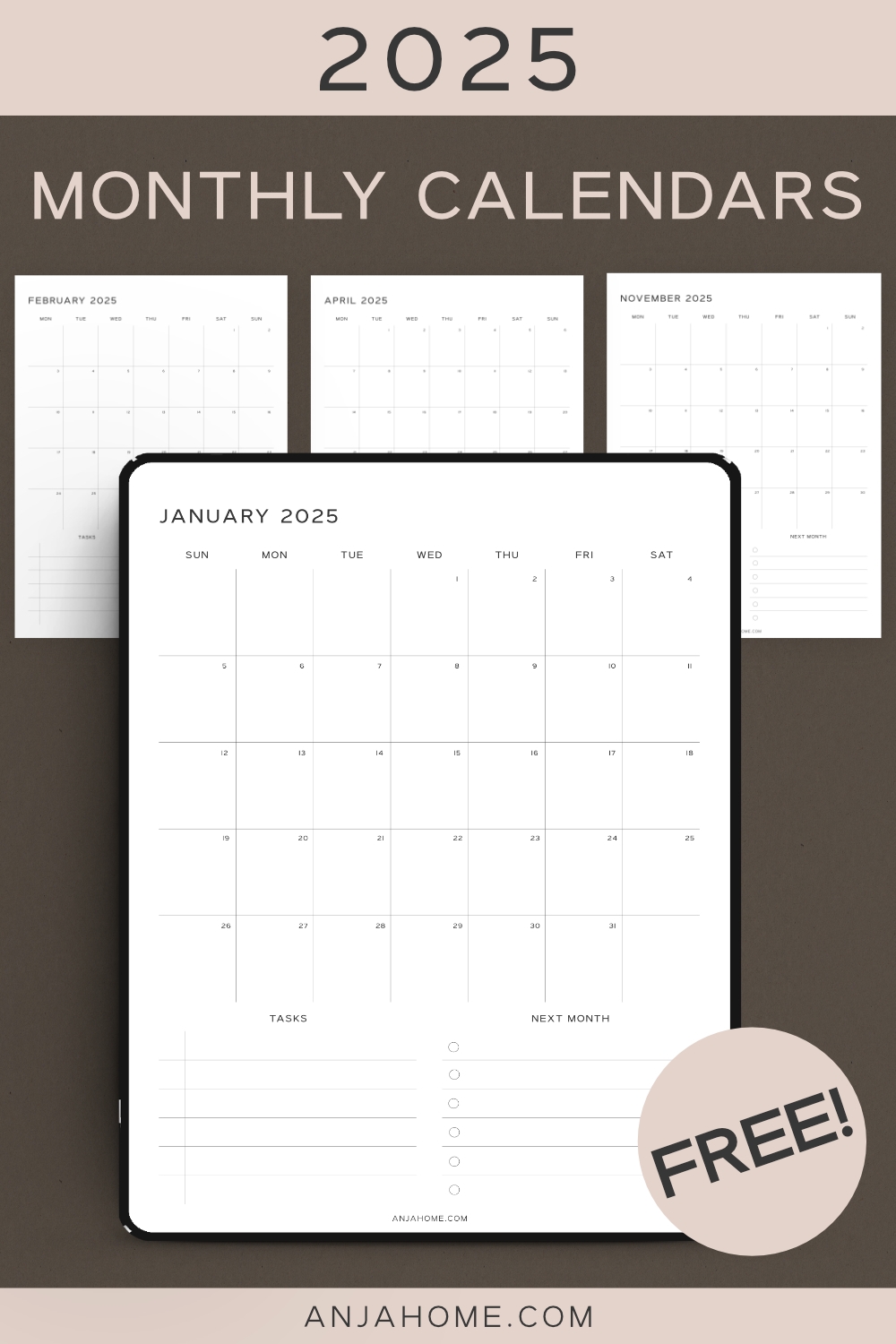 Monthly Calendar Digital Template 2025 AnjaHome