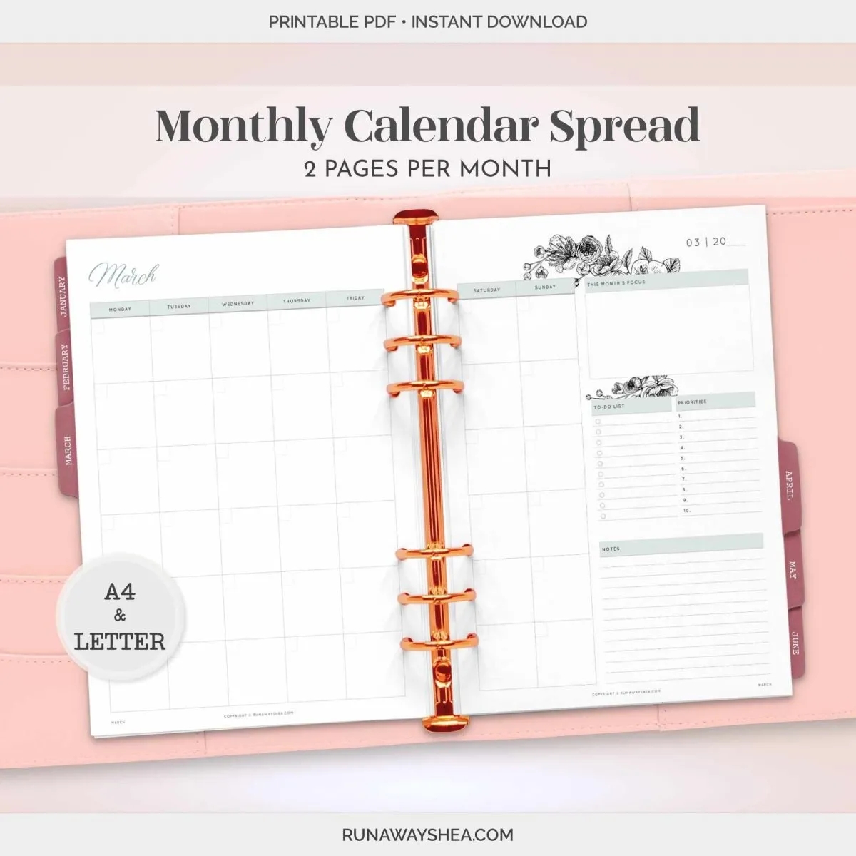 Monthly Calendar Spread Printable RunawayShea