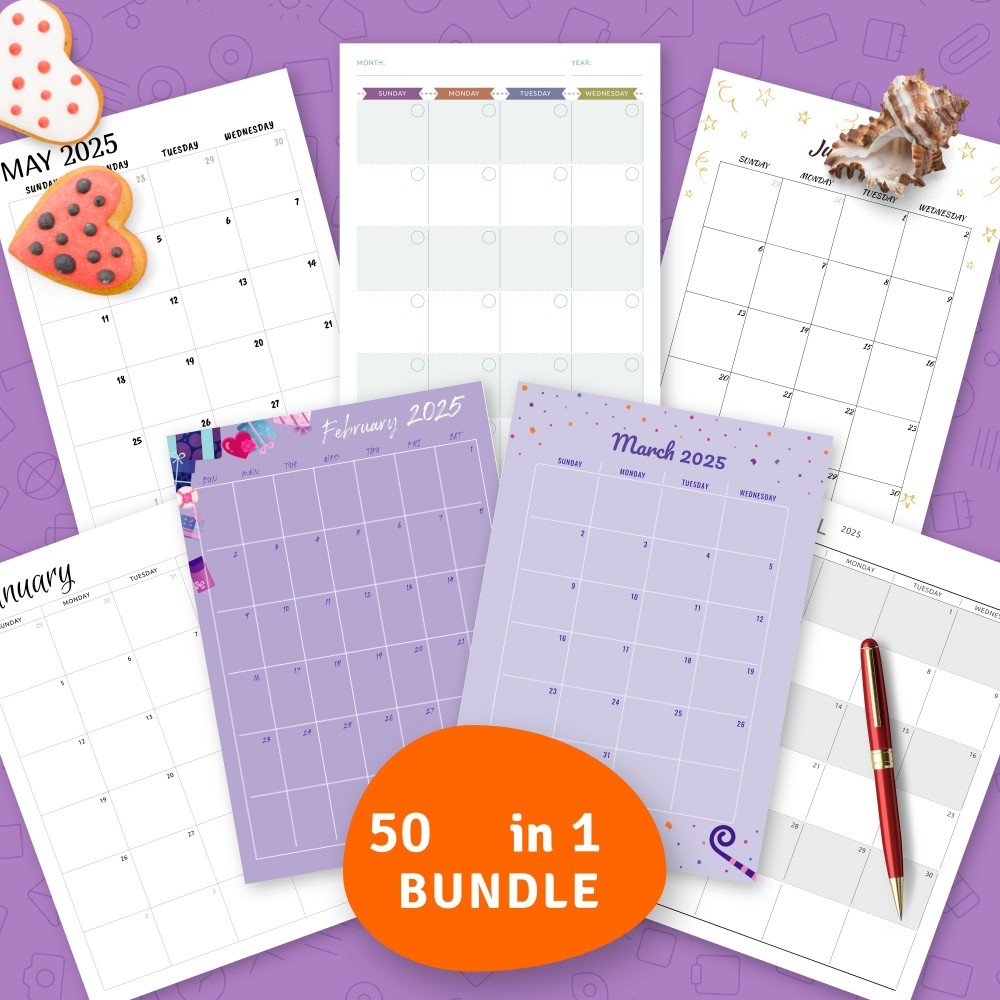Monthly Calendar Templates Bundle 50 In 1 Template Printable PDF