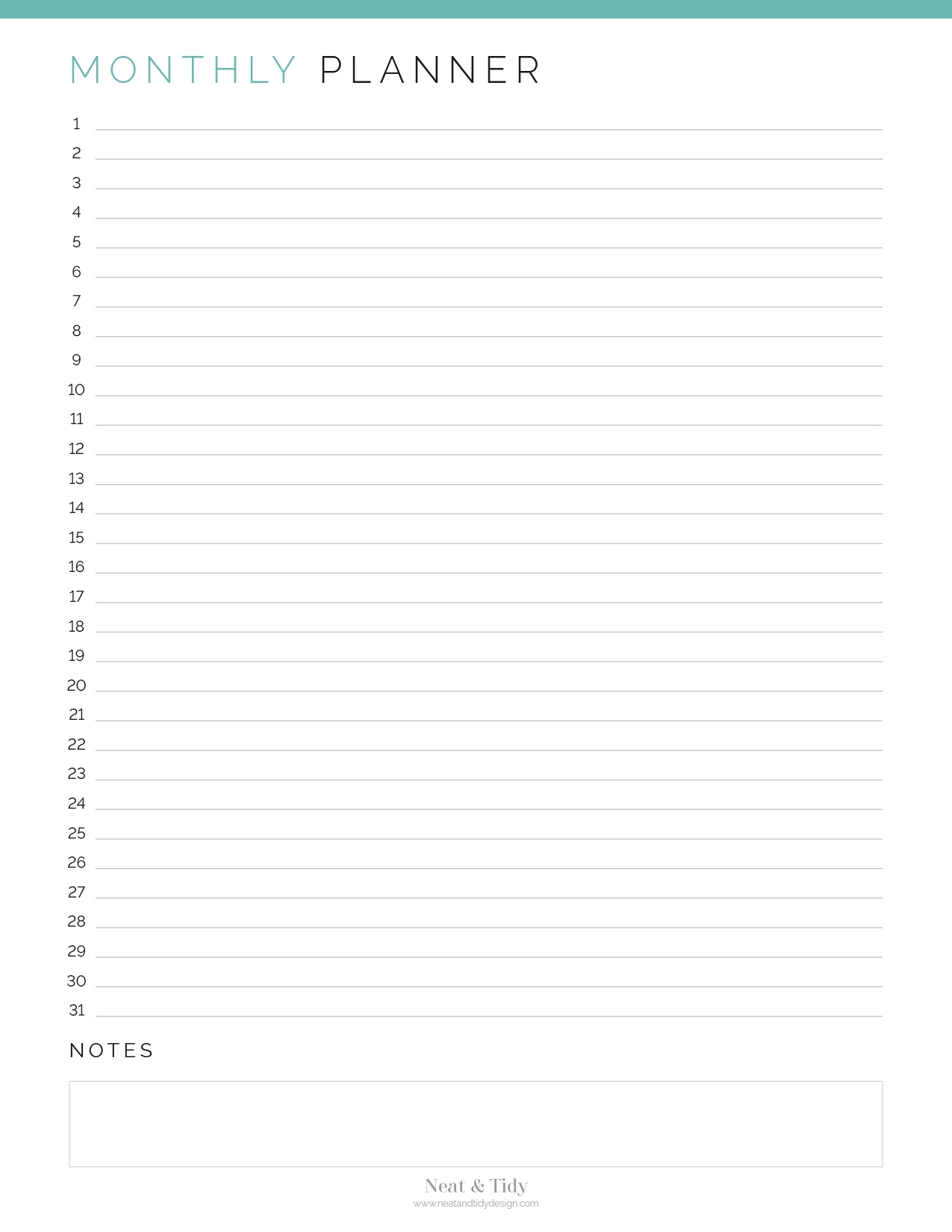 Monthly Planner Calendar List View Neat And Tidy Design