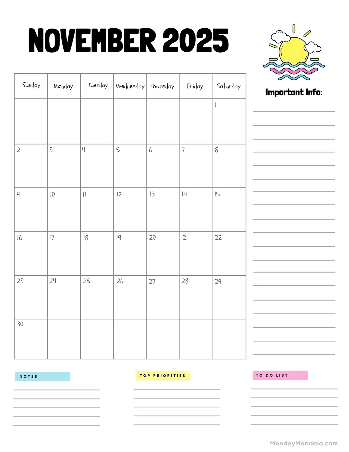 November 2025 Monthly Calendar Free Printable Kindergarten