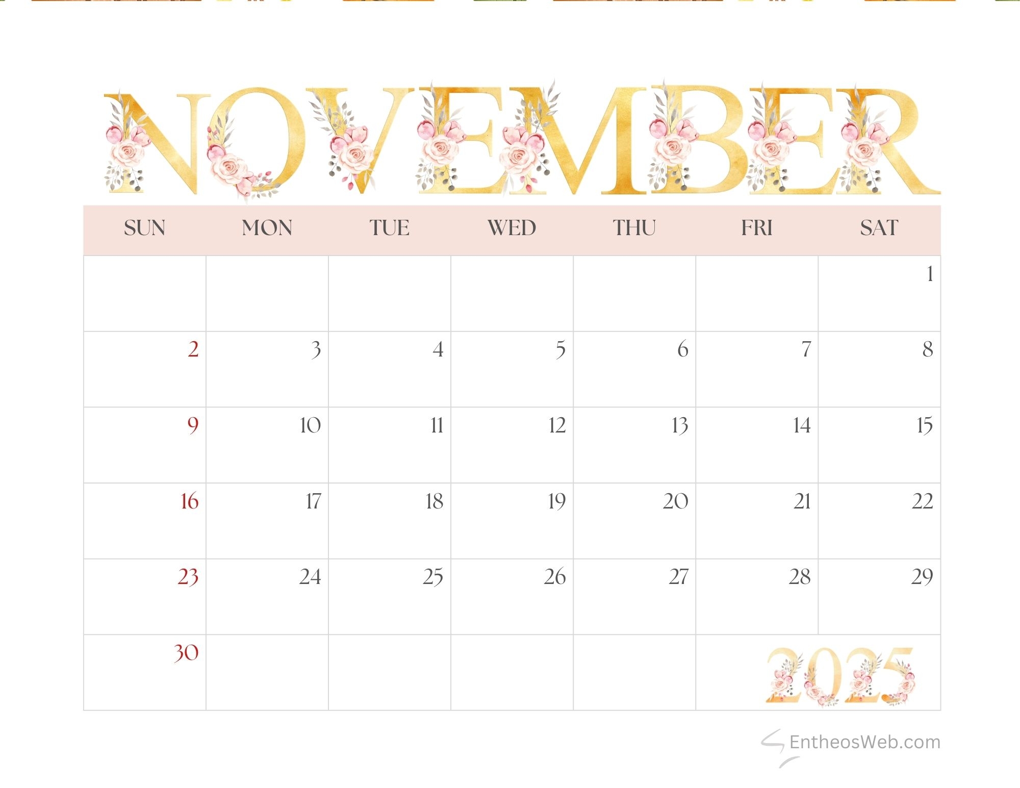 Month Of November 2025 Printable Calendar