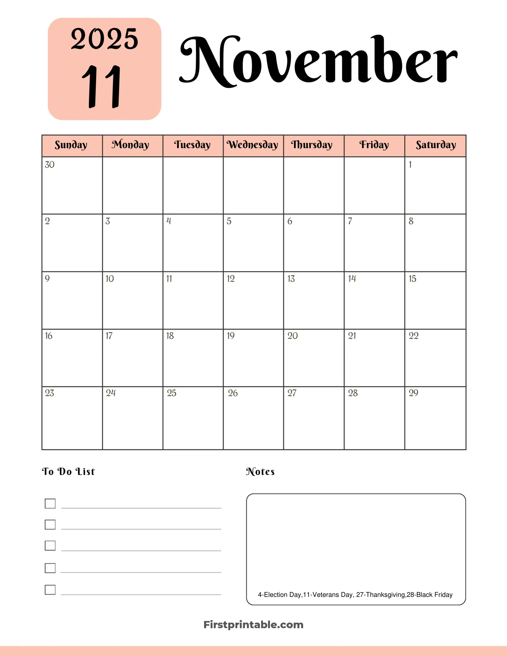November 2025 Calendars Free Printable Fillable