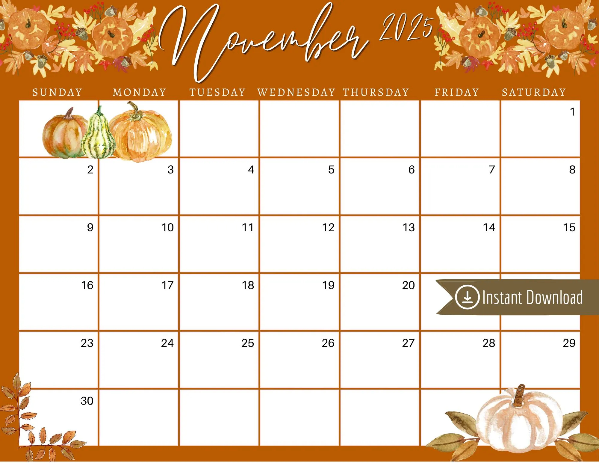 november 2025 digital calendar orange fallen leaves planner editable fillable printable calendar for planning pdf png and jpg download etsy