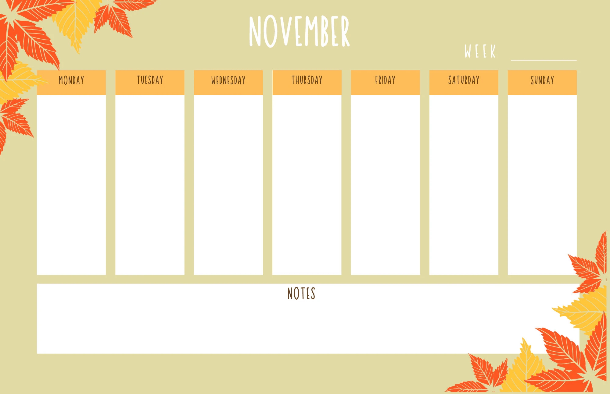 November Blank Weekly Calendar Fall Leaves Printable Instant Download Weekly Planner Etsy