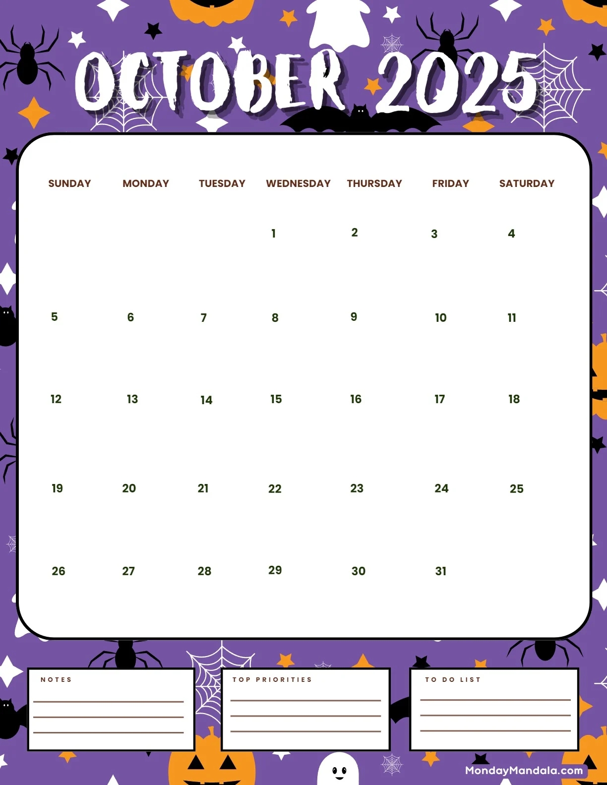 Calendars October 2025 Printable Free