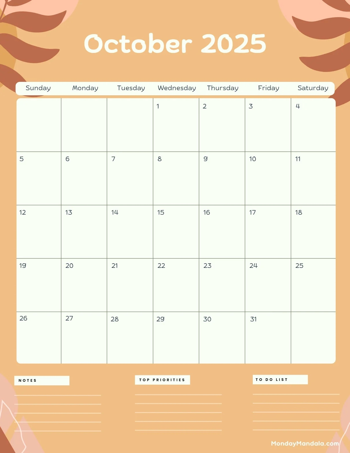 October 2025 Calendar 52 Free PDF Printables 