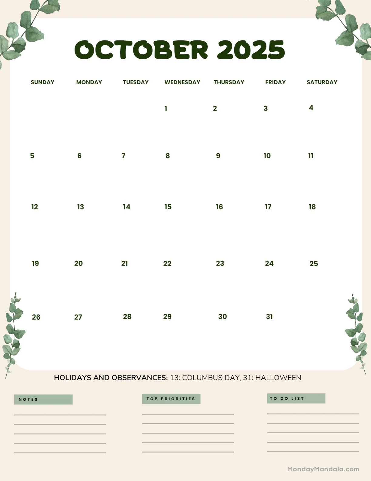October 2025 Calendar 52 Free PDF Printables 
